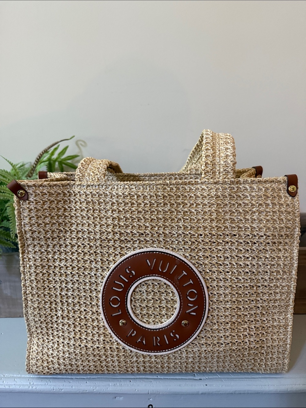 Raffia Tote with Brown Leather Logo